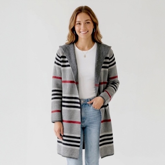 RD Style Sweaters - RD STYLE Cardigan W’s S Grey Hooded Cozy Open Front Longline Red Stripe Coatigan